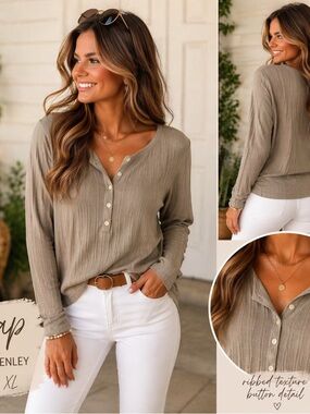 NWT GAP Ribbed Button Henley Top in Taupe - Women's Long Sleeve